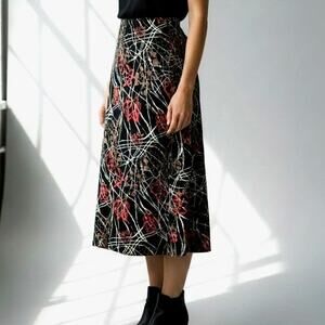 Sag Harbor Black Floral Abstract A-Line Midi Skirt Women's Size 8P